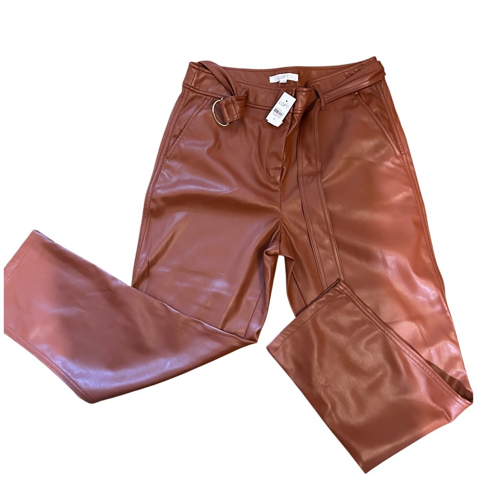 LOFT‎ Faux Leather Pants Brown Rust Size 10 Straight Leg Belted Chic Work Office